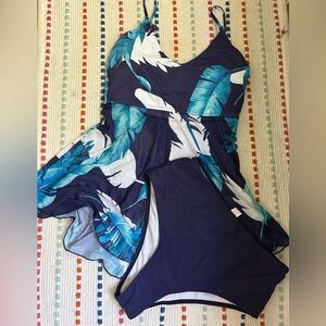 Gauzy swim top and high waisted bikini bottoms. non descript brand.